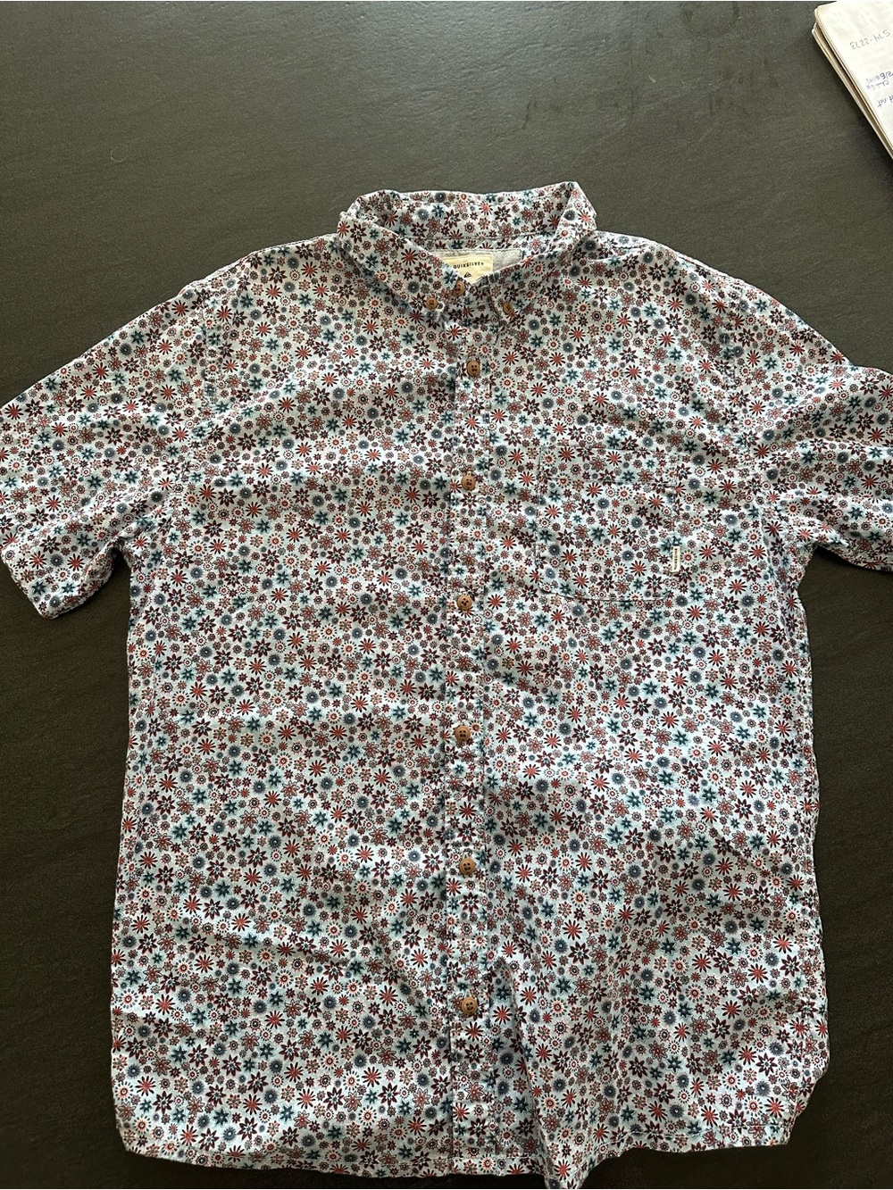 Quiksilver White Short-Sleeve Button-Down with Red & Blue Floral Pattern
